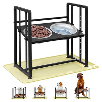 Elevated Dog Bowls 4 Height Adjustable Metal Pet Food Feeder Stand with 2 Stainless Steel Bowl Raised Dogs Feeding Station with Non-Slip Mats Black (Black, with Feeding Mat) - color: Black+Yellow-B, size: 17.91x11.02x17.05in