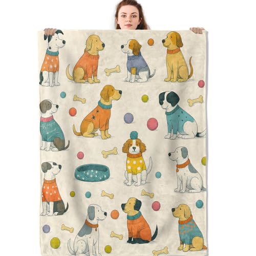 Cute Dog Sweater Blanket, Cartoon Puppy with Ball and Bone Flannel Throw Blankets, 40"x50", Soft Warm Lightweight Fuzzy Cozy Throws for Couch Sofa Decorative Gifts for Pet Lover Kids, Beige - color: Dog, size: 40x50 inch