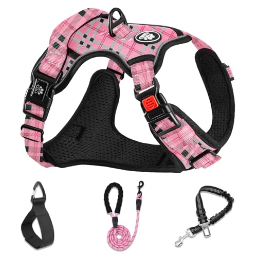 No Pull Dog Harness with Leash, Reflective No Choke Pet Vest Harness,Adjustable Soft Padded Dog Harness with Easy Control Handle for Small Dogs(Checkered Pink,Small) - color: Checkered Pink, size: 【S】neck 11-15" chest 15-21"