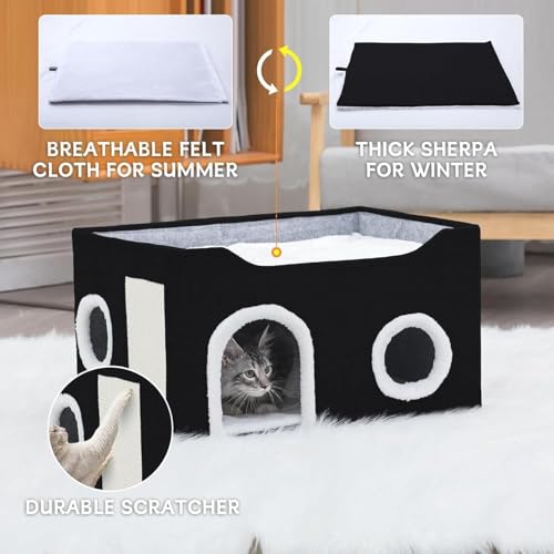 Cat House for Indoor Cats – Foldable Cat Cave & Covered Cat Bed, Cozy Hideaway for Small Pets and Large Cats (23.6"x16"x12.8"),Black - style: Black