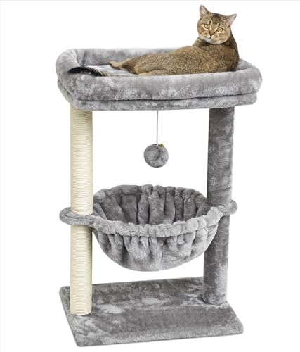 SYANDLVY Small Cat Tree for Indoor Cats, Activity Cat Tower with Scratching Post for Kittens, Cat Bed & Furniture with Basket & Hanging Ball for Play Rest - color: Light Grey