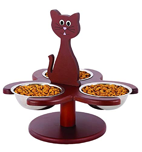 Etna Pet Store Elevated Cat Bowls - Wooden, Raised Pet Feeder Promotes Better Digestion, Easy on Joints - Multiple Feeder with 3 Removable Bowls for Food and Water - Brown