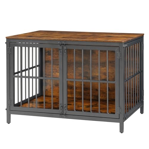 HOOBRO Heavy Duty Dog Crate Furniture, 39.4" Wooden Indoor Kennel with 3 Doors, Chew Resistant Metal Cage for Medium and Large Breeds, Dog Crate Side Table, Black and Rustic Brown BF101GW03 - color: Black and Rustic Brown, size: 39.4"l X 22.8"w X 27.8"h