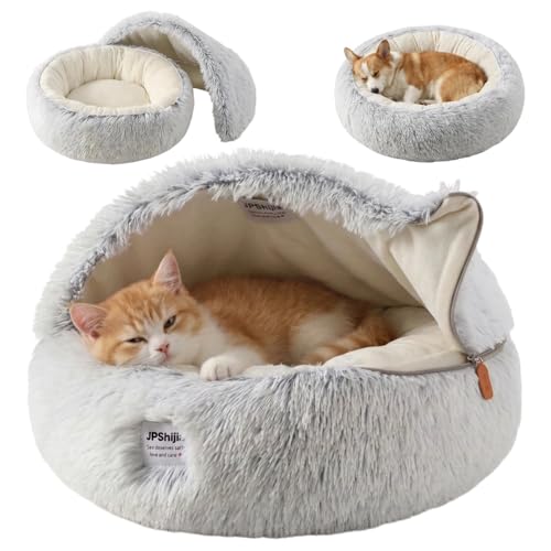 Hooded Dog Bed, Cat Cave Bed with Removable Hood, 2-in-1 Convertible Donut Cat Bed, All Season Fluffy Pet Bed for Cats Small Dogs (Cave Nest - Grey, Large Size 23.6 in) - color: Cave bed - Grey, size: 23.6 in Large size