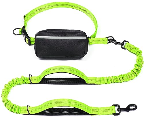 iYoShop Hands Free Dog Leash with Zipper Pouch, Dual Padded Handles and Durable Bungee for Walking, Jogging and Running Your Dog (Large, 25-120 lbs, Green) - color: Green, size: Large
