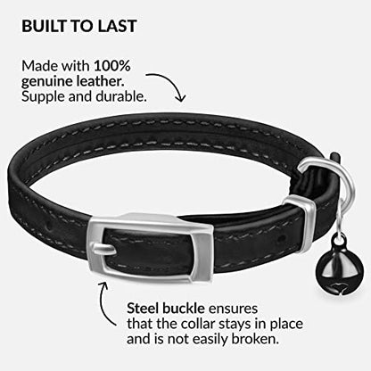 CollarDirect Leather Cat Collar with Removable Bell – Safety Elastic Strap (Breakaway Alternative) – Kitten Collar for Small & Big Boy & Girl Cats - color: Black, size: 6-7 Inch