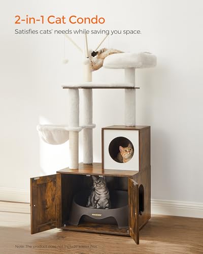 Feandrea Cat Tree with Litter Box Enclosure, 59-Inch Modern Cat Tower, 2-in-1 Condo with Scratching Posts, Washable Removable Cushion, Rustic Brown UPCT113X01 - color: Rustic Brown