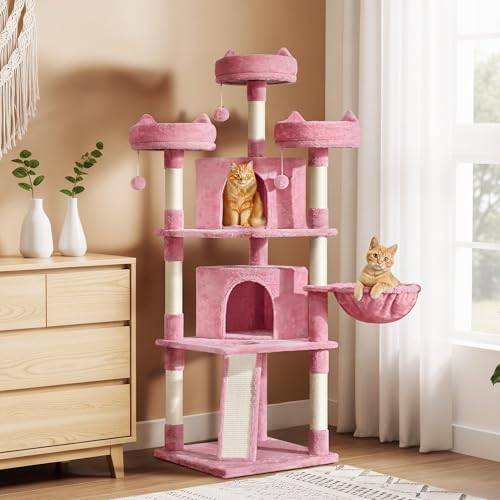 Yaheetech 68.5in Cat Tree for Large Cats, Multi-Level Cat Tower with 3 Wide Perches, Large Condo, Stable Pet Play House w/Sisal-Covered Scratching Posts & Board, Pink - color: Pink, size: 68.5in