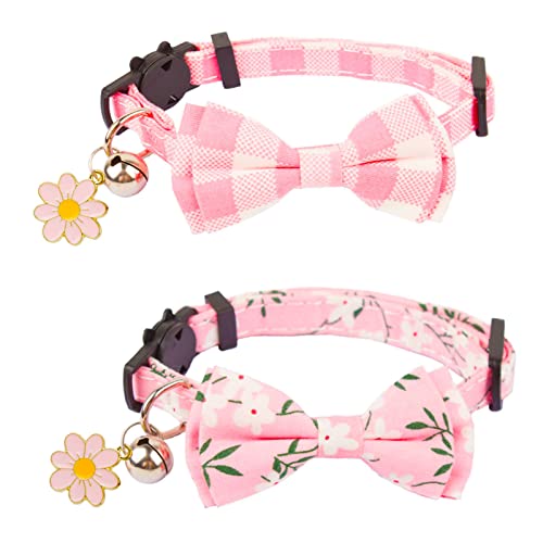 PTDECOR Pink Cat Collar Breakaway with Cute Bow Tie Bell Charm, Plaid Flower Cat Bowtie Collars for Cats Kittens (Pink) - color: Pink