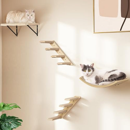 Cat Wall Shelves Set with Sisal Cats Window Perch, 4 Piece Wood Climbing Furniture with Curved Sisal Bed, Flat Shelf & Two Wall-Mounted 4 Steps Cat Stairs - color: Sisal-Wood, size: 1 Curved Bed 1 Shelf 2 Ladders