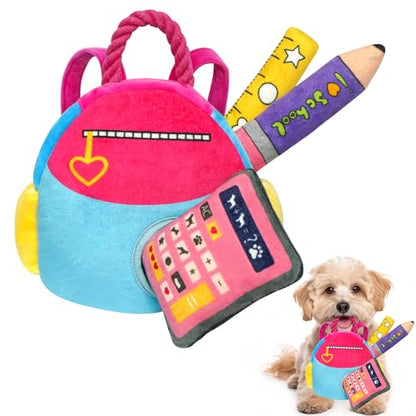Hide and Seek Dog Toys, Squeaky Interactive Puzzle Dog Toys for Boredom and Stimulation, Dog Enrichment Toys with Rope for Small and Medium Dogs - style: I-Schoolbag