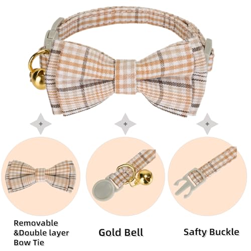 2 Pack Cotton Cat Collar, Removable Bowtie, Plaid Pattern, Safety Breakaway Clasp, Adjustable for Cats.(Adult Cat, Beige and Red) - color: Beige+Red
