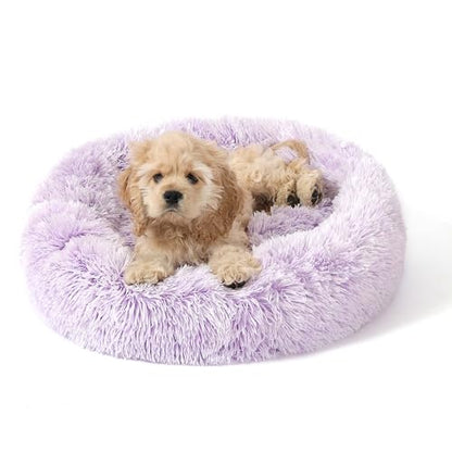 Calming Donut Dog Bed for Small to Medium Dogs & Cats - Plush Faux Fur Anti-Anxiety Pet Bed with Machine Washable Cover & Non-Slip Base - color: Gradient Purple, size: X-Small 15.7''