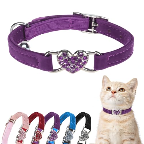 BINGPET Diamond Cat Collar,Adjustable Soft Velvet Leather Safe Kitten Collar with Crystal Heart Charm and Bells,Girl Boy Bling Stylish Cat Collars with Safety Elastic (Purple, Neck Girth 8"-10") - color: Purple(Heart), size: Neck Girth 8"-10"