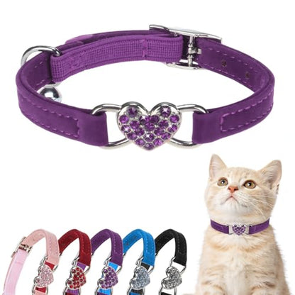 BINGPET Diamond Cat Collar,Adjustable Soft Velvet Leather Safe Kitten Collar with Crystal Heart Charm and Bells,Girl Boy Bling Stylish Cat Collars with Safety Elastic (Purple, Neck Girth 8"-10") - color: Purple(Heart), size: Neck Girth 8"-10"