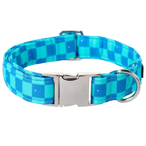 Maca Bates Blue Checkered Basic Dog Collar Gingham Print Puppy Collars Plaid Collor Adjustable Durable for Boy Male Gentleman Girl Female Lady Dogs Pet Pet Small - color: Plaid-Basic-Plaid Blue, size: S