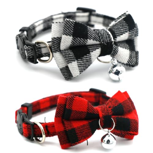Breakaway Cat Collar with Bell and Bow, 2-Pack Plaid Kitten Collar with Bell, Bowtie Puppy Collars for XXS Xs Small Little Pet Tiny Dogs, Red+White - color: Red+White
