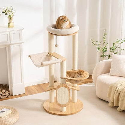 Modern Solid Wood Cat Tree for Indoor Cats Up to 15lbs, 49" Tall Cat Tower with Scratching Posts & Scratcher, Large Cat Bed, Hammock, Capsule Nest, Dangling Ball, Multi-Level Cat Furniture - color: 49"Natural