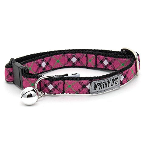 THE WORTHY DOG Patterned Bias Plaid Cat Collar with Bell, Adjustable Nylon Safety Collar, Hot Pink, One Size - color: Hot Pink-Bias Plaid