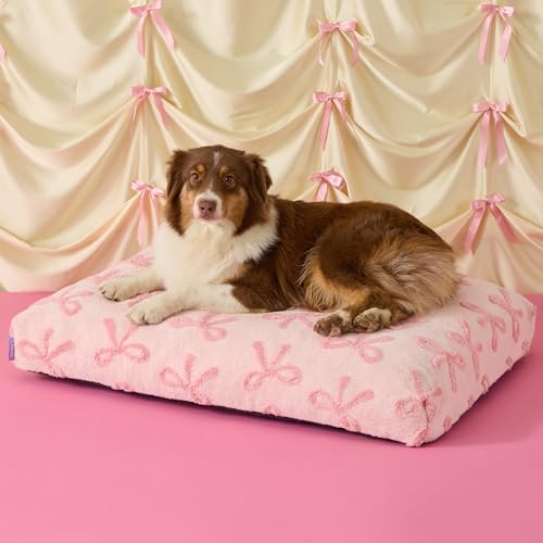 LE SURE Dog Beds Large Sized-Thick Shredded Chopped Foam Pet Bed as Gift for Indoor with Removable Cover, Cute Modern Fuzzy Plush & Anti Slip Bottom,Bow Pink - color: Bow Pink, size: 35.0"L x 22.0"W x 4.0"Th