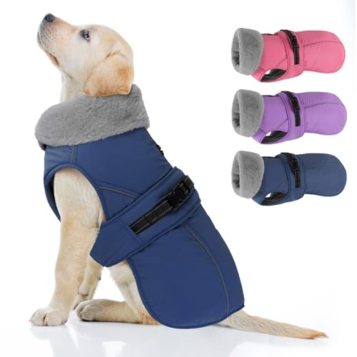 Dog Coat Small, Windproof Dog Jacket with Warm Fleece Lining, Thickened Collar Dogs Winter Coat, Adjustable Reflective Pet Coats for Cold Weather (Navy Blue, Small) - color: Navy Blue, size: Small