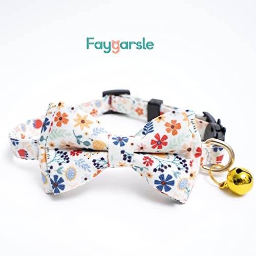 Faygarsle 2 Pack Cotton Designer Breakaway Cats Collar with Bow Tie and Bell Cat Collars for Girl Female Cat Collar with Bell Collars for Cats Flower Pattern - color: Flower