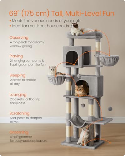 Feandrea Cat Tree, 69-Inch Tall Cat Tower, Multi-Level Plush Condo with 2 Caves, 2 Baskets, 5 Scratching Posts, Self-Groomer, Perch, Hammock, Dove Gray UPCT182G01 - color: Dove Gray