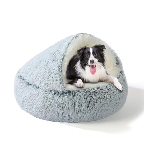 SUOXU 2-in-1 Dog Bed: Upgraded Aluminum Rim Support & Non Slip Bottom - Cozy Cave + Blanket for Large Medium Dogs Under 20 kg (44 lbs) | Plush Self-Heating for Border Collie, Labs - color: grey