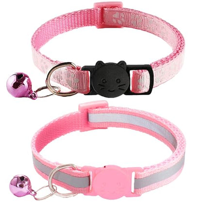 2 Pack Breakaway Cat Collars with Bells, Reflective Design and Claw Print Design, Safety Buckle Kitten Collars Adjustable from 7.5 to 12.5 Inches (Pink) - color: Pink