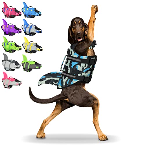 Shark Dog Life Jacket, High Buoyancy with Tear-Resistant Nylon, Dog Float Vest for Swimming and Boating, Pet Life Preserver for Small Medium Large Dogs (PFD) - color: Blue-Camo-Shark-1, size: X-small