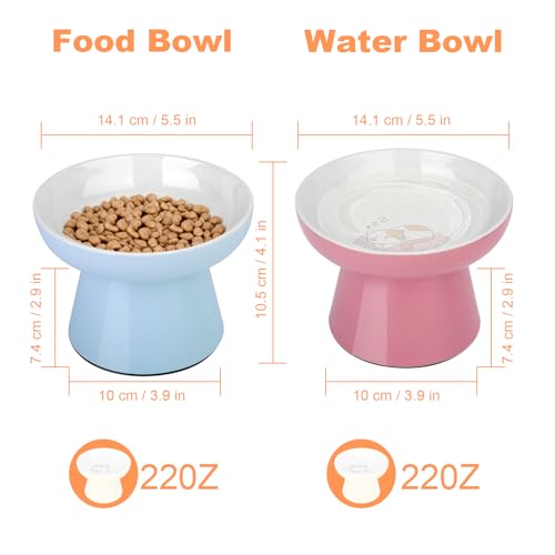 Elevated Cat Food Bowls 2 Pack,Ceramic Raised Cat Bowls with Non-Slip Base,Whisker Friendly Shallow Design for Dry & Wet Food,Anti-Vomiting Cat Feeder,Dishwasher & Microwave Safe (Pink&Blue) - color: Pink&Blue