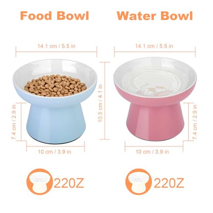 Elevated Cat Food Bowls 2 Pack,Ceramic Raised Cat Bowls with Non-Slip Base,Whisker Friendly Shallow Design for Dry & Wet Food,Anti-Vomiting Cat Feeder,Dishwasher & Microwave Safe (Pink&Blue) - color: Pink&Blue