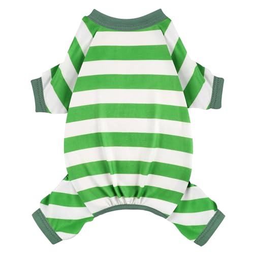 Dog Pajamas Pjs Stretchable Strip Dog Jumpsuit 4 Legs Pjs for Summer Dog Clothes Puppy Onesies Doggie Outfit (Green, X-Small (Chest 11in)) - color: Green, size: X-Small (Chest 11in )