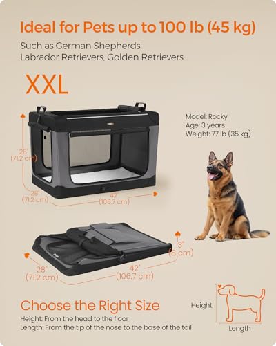Feandrea Collapsible Dog Crate, 42-Inch Portable Dog Travel Crate for Large Dogs, Oxford Fabric Pet Carrier with 4 Mesh Doors, Handles, Storage Pocket, Water Bottle Holder, Ink Black UPDC021B01 - size: XXL（42"L x 28"W x 28"H）