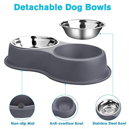 Epetslove Dog Bowl Double Dog Water and Food Bowl Stainless Steel Bowls with Non-Slip Resin Station, Pet Feeder Bowls for Puppy Medium Dogs Cats - color: 4.Grey, size: Medium-18oz