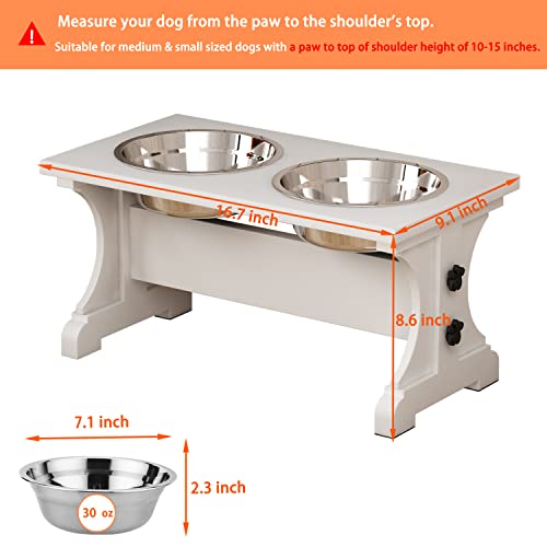 Farmhouse Dog Bowls Stand, Elevated Dog Bowl with 2 Stainless Steel Wooden Bowls, 3.5Cups 8.6" H - 30 oz White - color: White, size: 3.5 Cups 8.6"H_30 oz Bowl