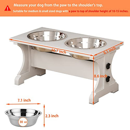 Farmhouse Dog Bowls Stand, Elevated Dog Bowl with 2 Stainless Steel Wooden Bowls, 3.5Cups 8.6" H - 30 oz White - color: White, size: 3.5 Cups 8.6"H_30 oz Bowl