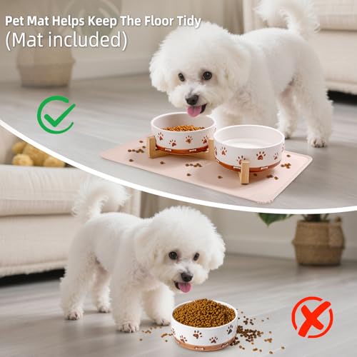 Dog Bowls with Wood Stand, 1.7 Cups Ceramic Puppy Bowls with Mat for Small Dog Weighted Water and Food Bowl Set for Dogs Cats, Non-Slip Pet Feeding Dish 13.5 Oz - size: 1.7 Cups