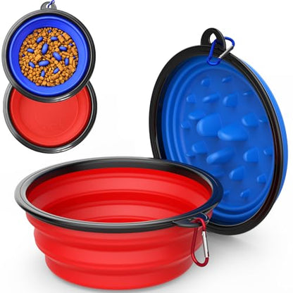 2 Pack [Slow Feeder Design + Regular], Collapsible Dog Bowl Travel Portable Pet Bowls, [34oz,1000ml] Foldable Food Water Feeding Dishes for Traveling Hiking Walking with Carabiners [Blue,Red] - color: Blue+Red