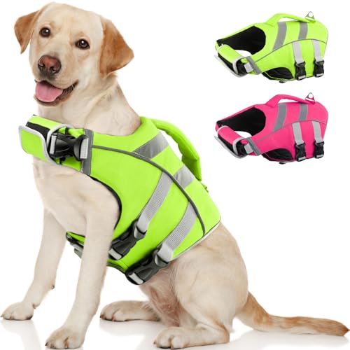 Kuoser Dog Life Jacket with Reflective Stripes, Dog Life Vest for Swimming Boating, Adjustable Pet Lifejackets with High Flotation, Doggie Swimsuit for Small Medium Large Dogs - color: Green, size: Xs (Chest Girth:12.9-18.1'')