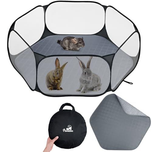 Pawaboo Small Animals Playpen with Pad, Waterproof Small Pet Cage Tent with Reusable Pad, Portable Outdoor Yard Fence for Chick/Kitten/Puppy/Guinea Pig/Rabbits/Chinchillas, Black/Gray - color: Black/Gray