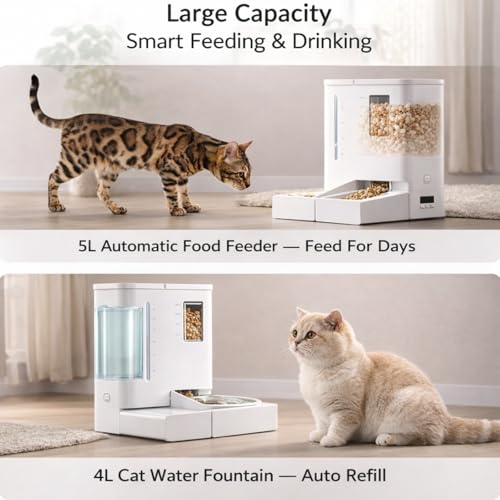 Wi-Fi Automatic Pet Feeder and Waterer for Cats&Dogs, 2-in-1 Set 5L Large Capacity for 2 Weeks, Intuitive App Operation, 2 Way Power Supply, Detachable for Cleaning