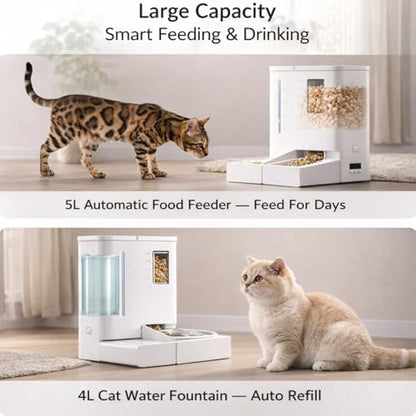 Wi-Fi Automatic Pet Feeder and Waterer for Cats&Dogs, 2-in-1 Set 5L Large Capacity for 2 Weeks, Intuitive App Operation, 2 Way Power Supply, Detachable for Cleaning