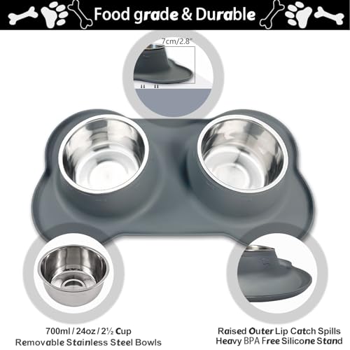 Dog Food Bowls Stainless Steel Dog Food & Water Bowl Set with No Spill No Slip Silicone Mat, Dog Dishes for Small Medium Size Dogs Pet Cat Puppy Food Feeding Bowls, Grey, 24oz, 3 Cup - color: Grey, size: 3 Cup/27 oz each