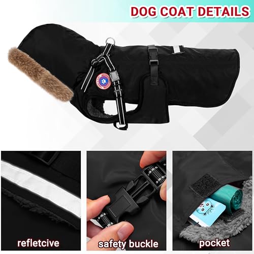 PAWNISAW Dog Winter Coat with Harness Built in, Warm Thick Plush Hooded Dog Snow Jacket for Cold Weather, Windproof Reflective Pet Clothes Outfit for Small, Medium, Large, XL & XXL Dogs Outdoor - color: Black