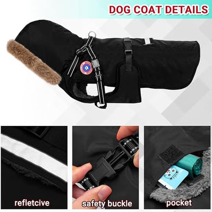 PAWNISAW Dog Winter Coat with Harness Built in, Warm Thick Plush Hooded Dog Snow Jacket for Cold Weather, Windproof Reflective Pet Clothes Outfit for Small, Medium, Large, XL & XXL Dogs Outdoor - color: Black