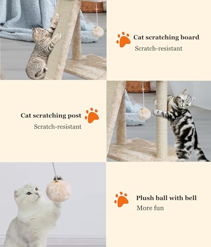 SYANDLVY Small Cat Tree with Scratching Post, Cat Scratching Board with Perch, Cat Post Scratcher for Indoor Cats, 2 Dangling Balls Great for Kittens (Beige) - color: Beige