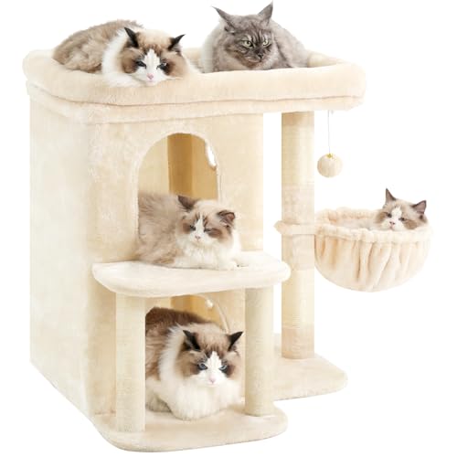Heybly Cat Tree, 26.3-inch Cat Tower with Spacious Top Perch for Large Cats, Stair-Style Cat House Furniture with Dual-Layer Condos, Sisal Scratching Posts, Cozy Basket & Pompom, Beige HCT204SM - color: Beige, size: 26.3 inch