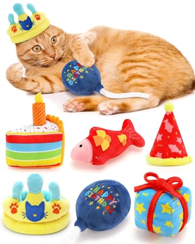 CiyvoLyeen 6Pcs Birthday Themed Catnip Toys Cat Birthday Gift Kitten Interactive Toys for Cat Lover Cake Crown Fish Soft Plush Catmint Pet Supplies Kitty Chew Kick Toys - color: Multi-Color - 6Pcs