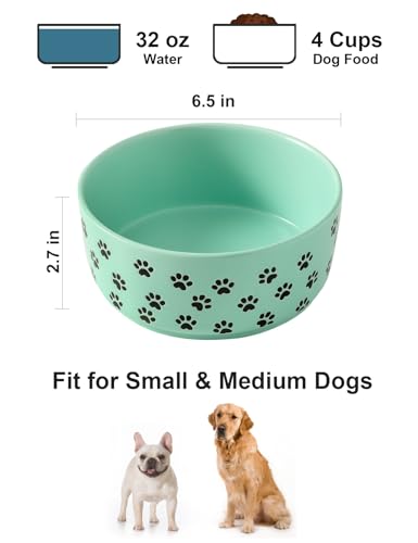 UBEE 6.5 inch Dog Bowls Set of 2, Ceramic Dog Food Water Bowl Dish with Paw Pattern, Pet Food Water Dishes Feeding for Small and Meidum Dogs and Large Cat, Green - color: Green-paw, size: 6.5 inch x 2